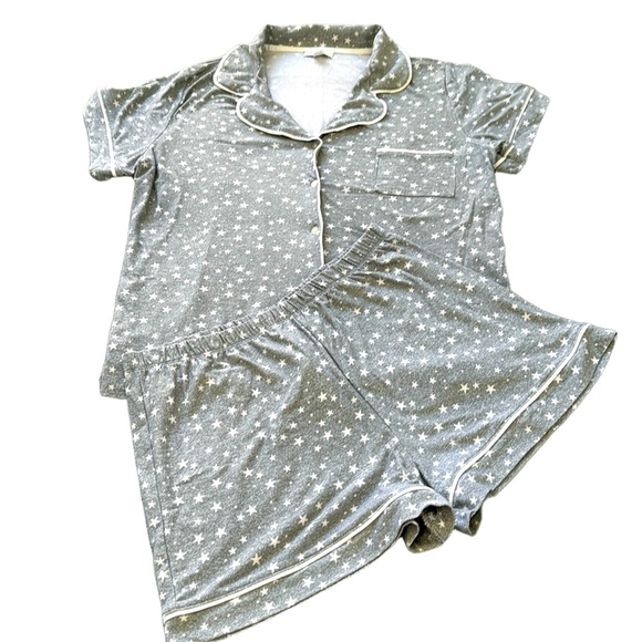 Roudelain Grey Buttonup Collared Star Print Piped Edges Shorts Pajama Set L - Picture 2 of 10